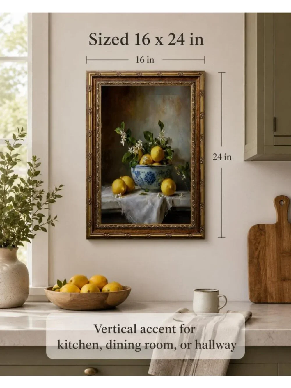 Lemon Still Life Wall Art - Gold Framed Kitchen Canvas Print 16x24, Home Decor